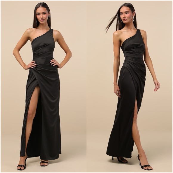 LULU’S Dreaming Of Elegance Black Satin One-Shoulder Maxi Dress - Picture 1 of 10